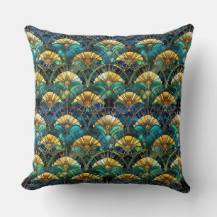 Blaue, Türkis- und Gold-Pfau-Buntglas Kissen