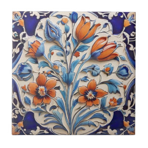 Blaue türkische Blumenmuster mit Mohn und Tulpen Fliese
