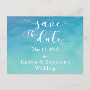 Blaue & Türkise Ombre-Wasserfarbe 'Save the Date' Ankündigungspostkarte