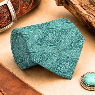 blaue türkisfarbene Western-Leder mit Gravuren Krawatte