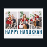 Blaue Typografie Foto Collage Happy Hanukkah Feiertagspostkarte<br><div class="desc">Happy Hanukka! Individuell anpassbare Happy Hanukkah Foto Collage Postcard mit blauer Typografie und Schneemuster. Personalisieren Sie Ihre Daten durch Hinzufügen von drei Fotos,  Namen,  Jahr und anderen Details. Diese moderne Hanukkah Postkarte ist in anderen Farben und mit Karton erhältlich.</div>