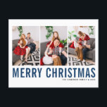 Blaue Typografie Frohe Weihnachtsfotografie Collag Postkarte<br><div class="desc">Frohe Weihnachten! Individuell gestaltbare Weihnachts-Foto-Collage Postcard mit blauen und schwarzen Typografie. Personalisieren Sie Ihre Daten durch Hinzufügen von drei Fotos, Namen, Jahr und anderen Details. Diese moderne Weihnachtspostkarte ist in anderen Farben und mit Karton erhältlich.</div>