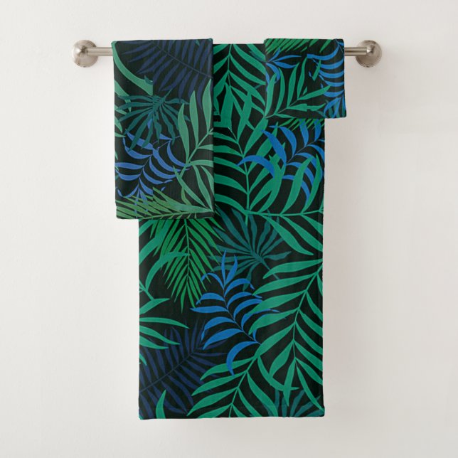 Blaue u. grüne tropische Palmwedel auf Schwarzem Badhandtuch Set (Insitu)
