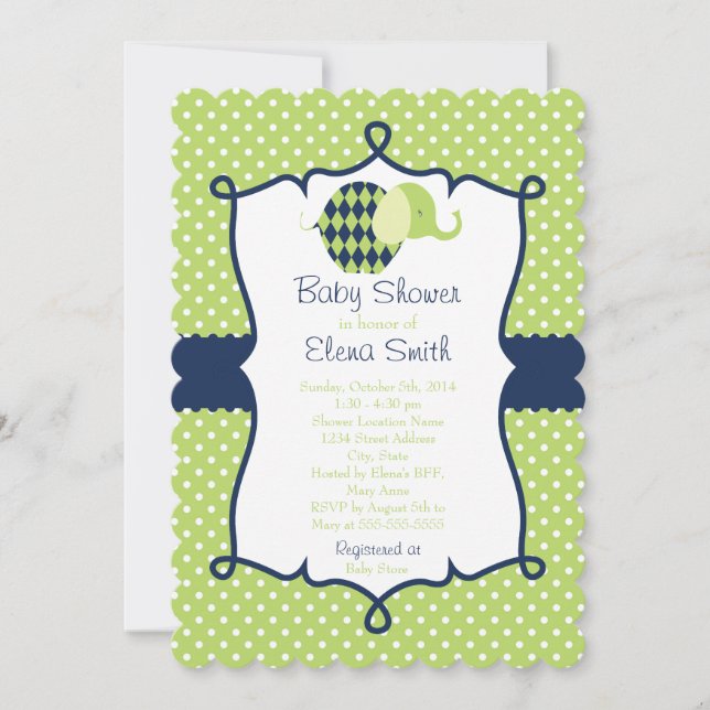 Blaue u. Limone Polka-Punkt-Elefant-Baby-Dusche Einladung (Vorderseite)