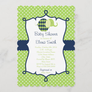 Blaue u. Limone Polka-Punkt-Elefant-Baby-Dusche Einladung