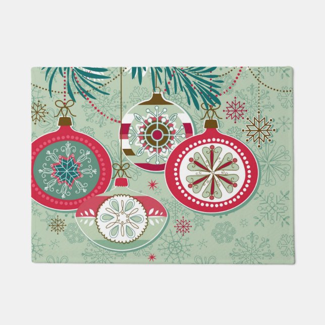 Blaue u. rote Retro Weihnachtsverzierungen Fußmatte (Vorderseite)