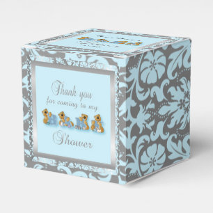 Blaue u. silberne Babyparty der Damast-Teddybär- Geschenkschachtel