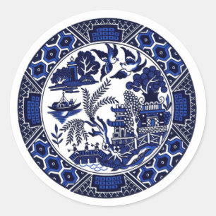 Blaue u. weiße China-blauer Weide-Entwurf Runder Aufkleber