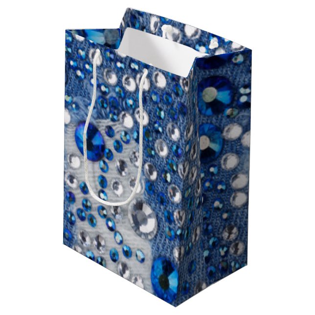 Blaue u. weiße Diamant-blauer Jean-Muster-Entwurf Mittlere Geschenktüte (Rückseite Schrägansicht)