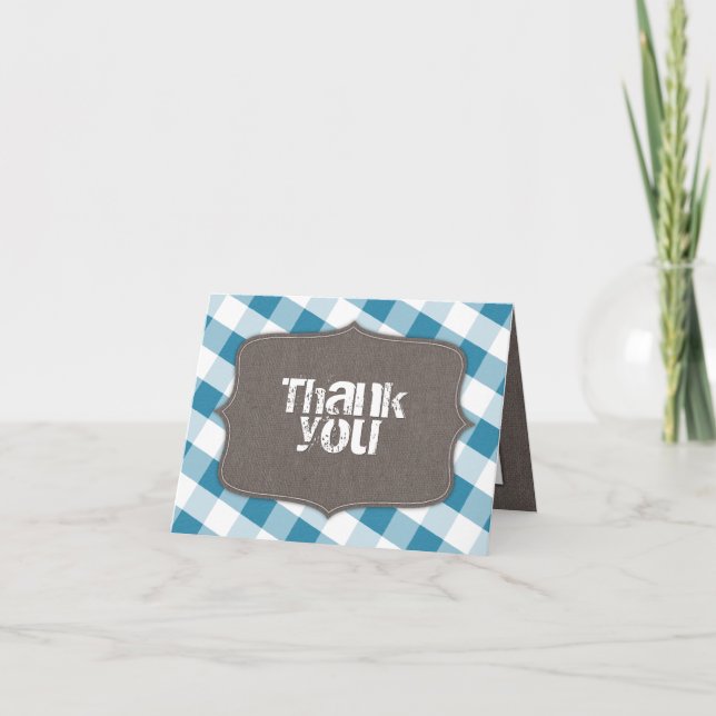 Blaue u. weiße Gingham-Leinwand danken Ihnen Dankeskarte (Vorderseite)