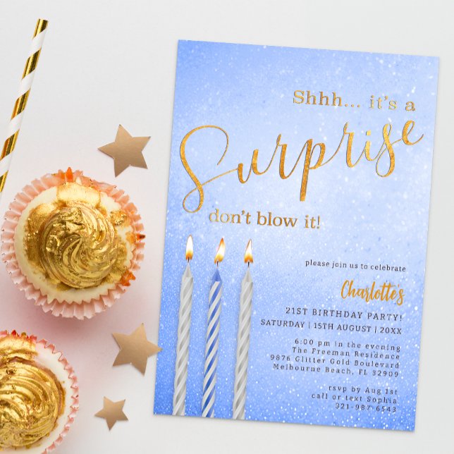 Blaue Überraschung Einladung zum Geburtstag - Gold (Surprise Birthday Party Invitation)