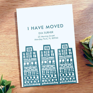 Blaue Umzugsankündigung mit Retro-Gebäuden  Einladung