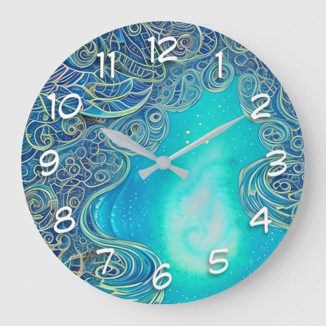 Blaue und Aquamarine Abstrakte Kunst Große Wanduhr (Vorderseite)