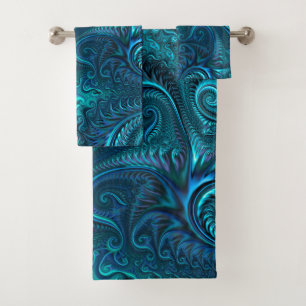Blaue und Aquamarine Kraken Tentakles Spiralmuster Badhandtuch Set