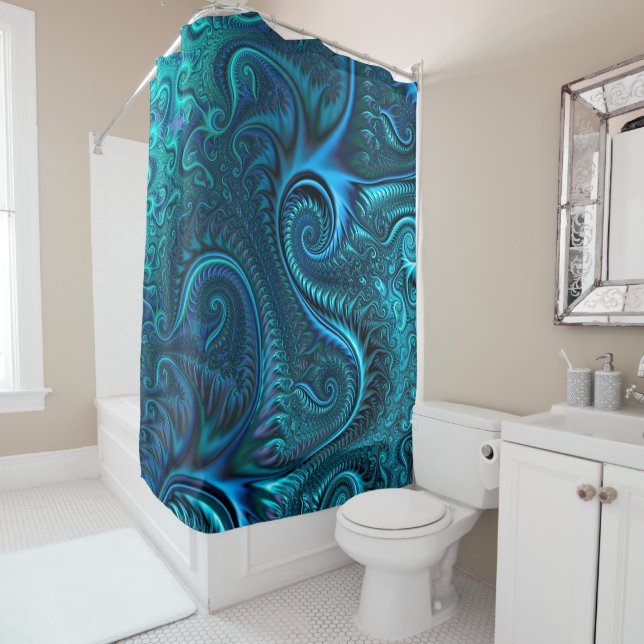 Blaue und Aquamarine Kraken Tentakles Spiralmuster Duschvorhang (Beispiel)