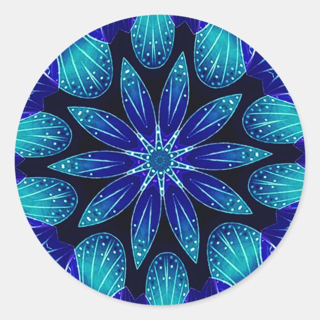 Blaue und Aquamarine Petals Mandala Runder Aufkleber (Vorderseite)