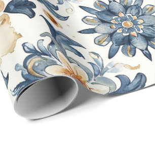 Blaue und beige florale Fliesenverpackung, Antik  Geschenkpapier