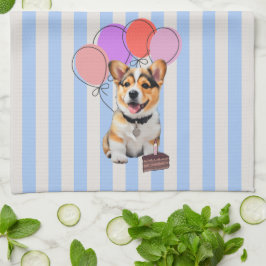 Blaue und beige gestreifte Corgi-Geburtstagsfeier Geschirrtuch