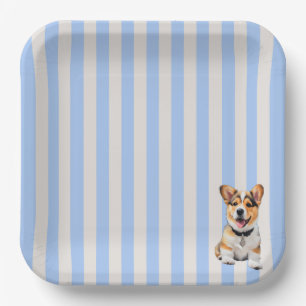 Blaue und beige gestreifte verspielte Corgi-Hundef Pappteller