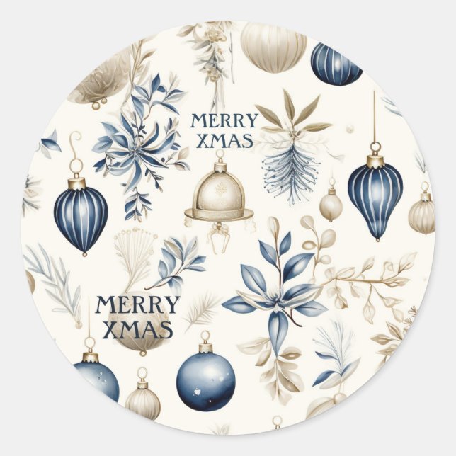 Blaue und beige Weihnachtsschmuck Muster Runder Aufkleber (Vorderseite)