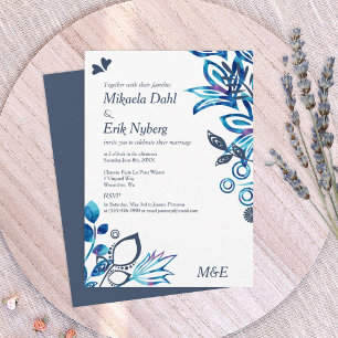 Blaue und Blaugraue Blumenschmuck-Hochzeit Einladung