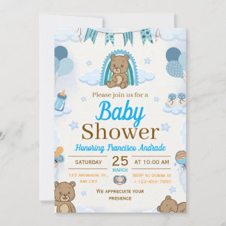blaue und braune Aquarell-Illustration Baby-Party Einladung