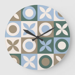 Blaue und braune geometrische Fliesenmosaikmuster Große Wanduhr