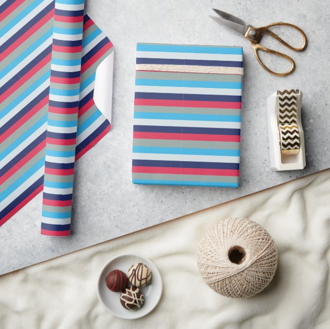 Blaue und Burgunder Streifen Geschenkpapier (Kunsthandwerk)