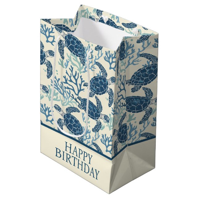 Blaue und Creme Küstenschildkröten Mittlere Geschenktüte (Vorderseite Schrägansicht)