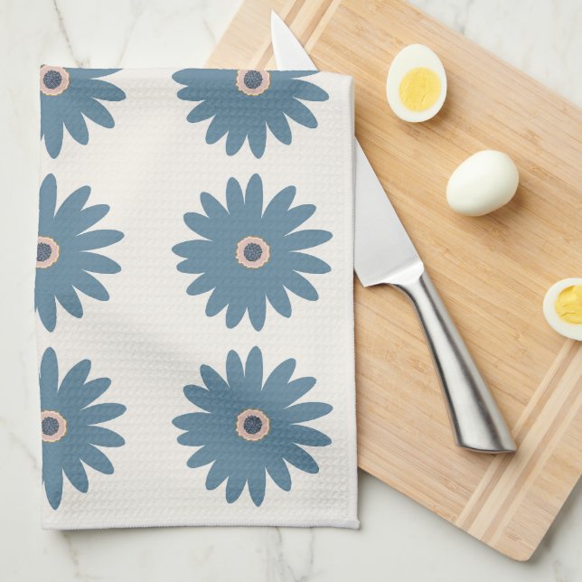 Blaue und cremefarbene Daisy Geschirrtuch (Viertel Falte)