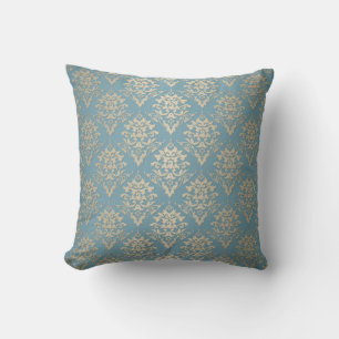 Blaue und cremefarbene elegante Damastmuster Kissen