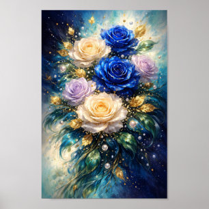 Blaue und cremefarbene Rosen mit goldenen Blättern Poster