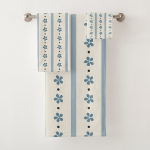Blaue und cremefarbene Streifen und Blumen Badhandtuch Set