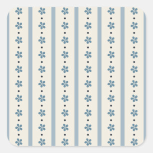 Blaue und cremefarbene Streifen und Blumen Quadratischer Aufkleber