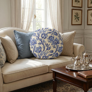 Blaue und cremefarbene Tulpen-Toile französische L Rundes Kissen