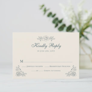 Blaue und elfenbeinfarbene Vintage-Blumen RSVP Karte