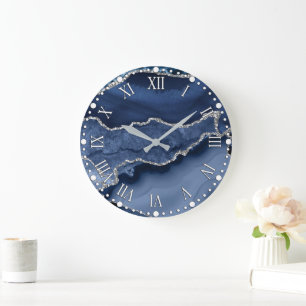 Blaue und falsche Silber-Glitter-Marmor-Achat Große Wanduhr