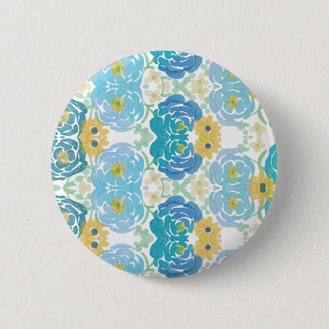 Blaue und gelbe Aquarell-Blumen Button (Vorderseite)