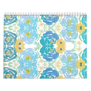 Blaue und gelbe Aquarell-Blumen Kalender