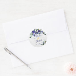 Blaue und gelbe Aquarellfarben Hochzeitsfeier Runder Aufkleber