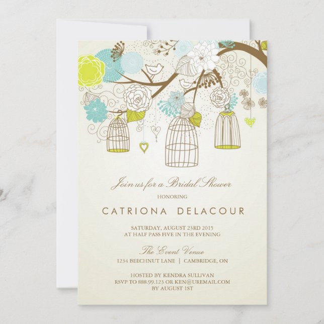 BLAUE UND GELBE BIRDCAGES BRIDAL SHOWER EINLADUNG (Vorderseite)