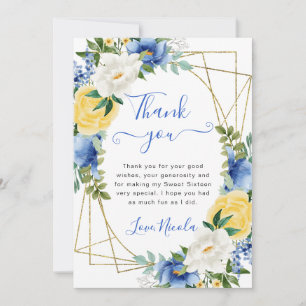 Blaue und gelbe Blumen Goldrahmen Sweet 16 Dankeskarte