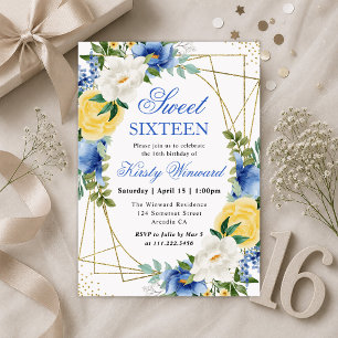Blaue und gelbe Blumen Goldrahmen Sweet 16 Einladung