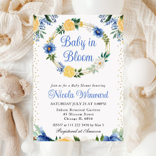 Blaue und gelbe Blumen Herz Kranz Babyparty Einladung