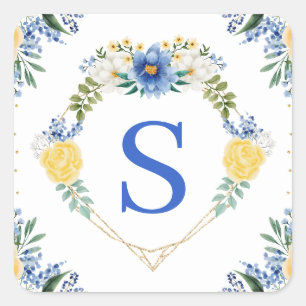Blaue und gelbe Blumen Herz Kranz Monogramm Quadratischer Aufkleber