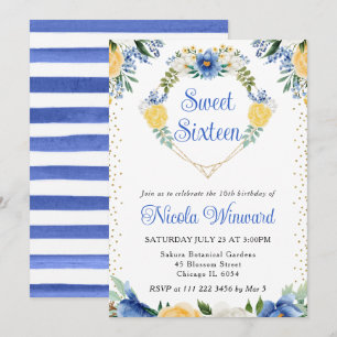 Blaue und gelbe Blumen Herz Kranz Sweet 16 Einladung
