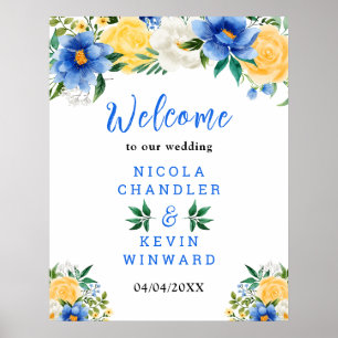 Blaue und gelbe Blumen-Hochzeits-Willkommensschild Poster