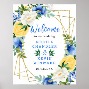Blaue und gelbe Blumen-Hochzeits-Willkommensschild Poster