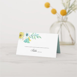Blaue und gelbe Blumen. Minze botanische Hochzeit Platzkarte