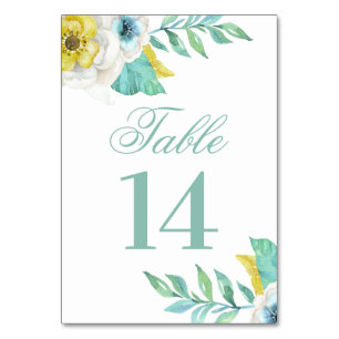 Blaue und gelbe Blumen. Minziges Blumenhochzeit Tischnummer